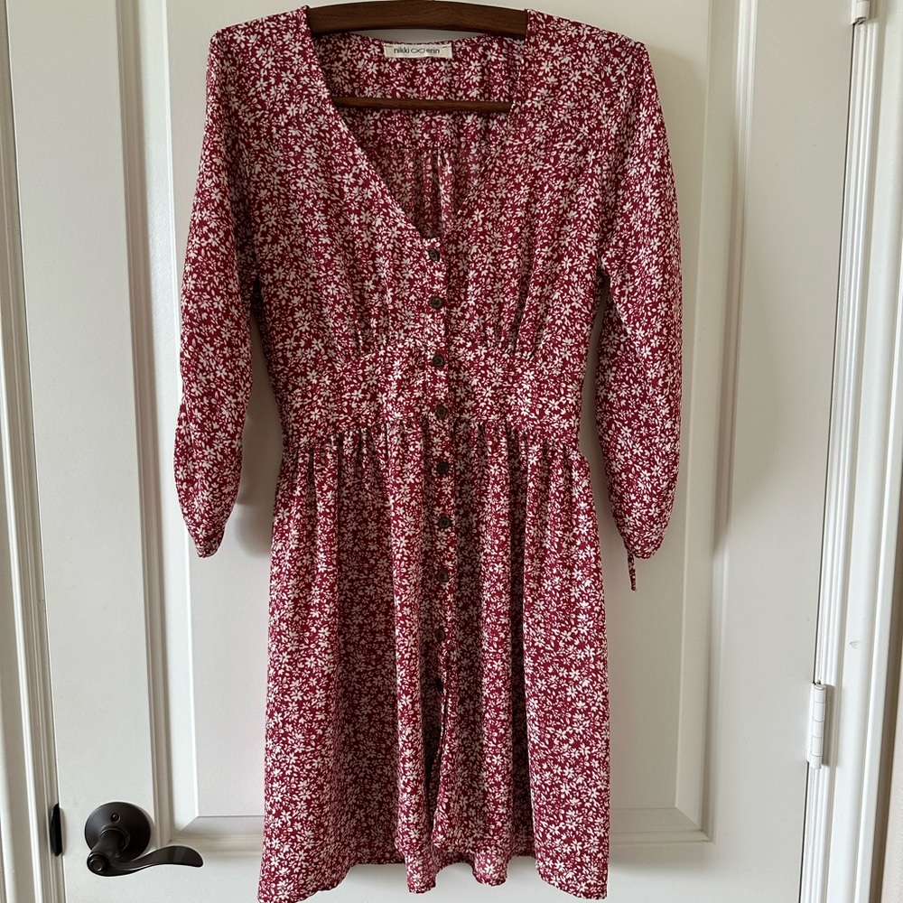 Red and white floral long sleeve dress